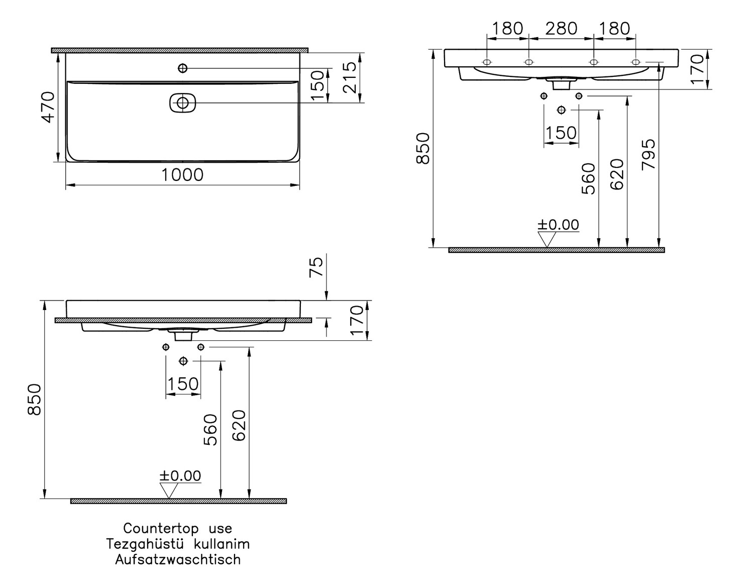 VitrA Bad Aufsatzwaschtisch New Metropole Weiß Hochglanz, 100x47x17cm, 1 Hahnloch mittig