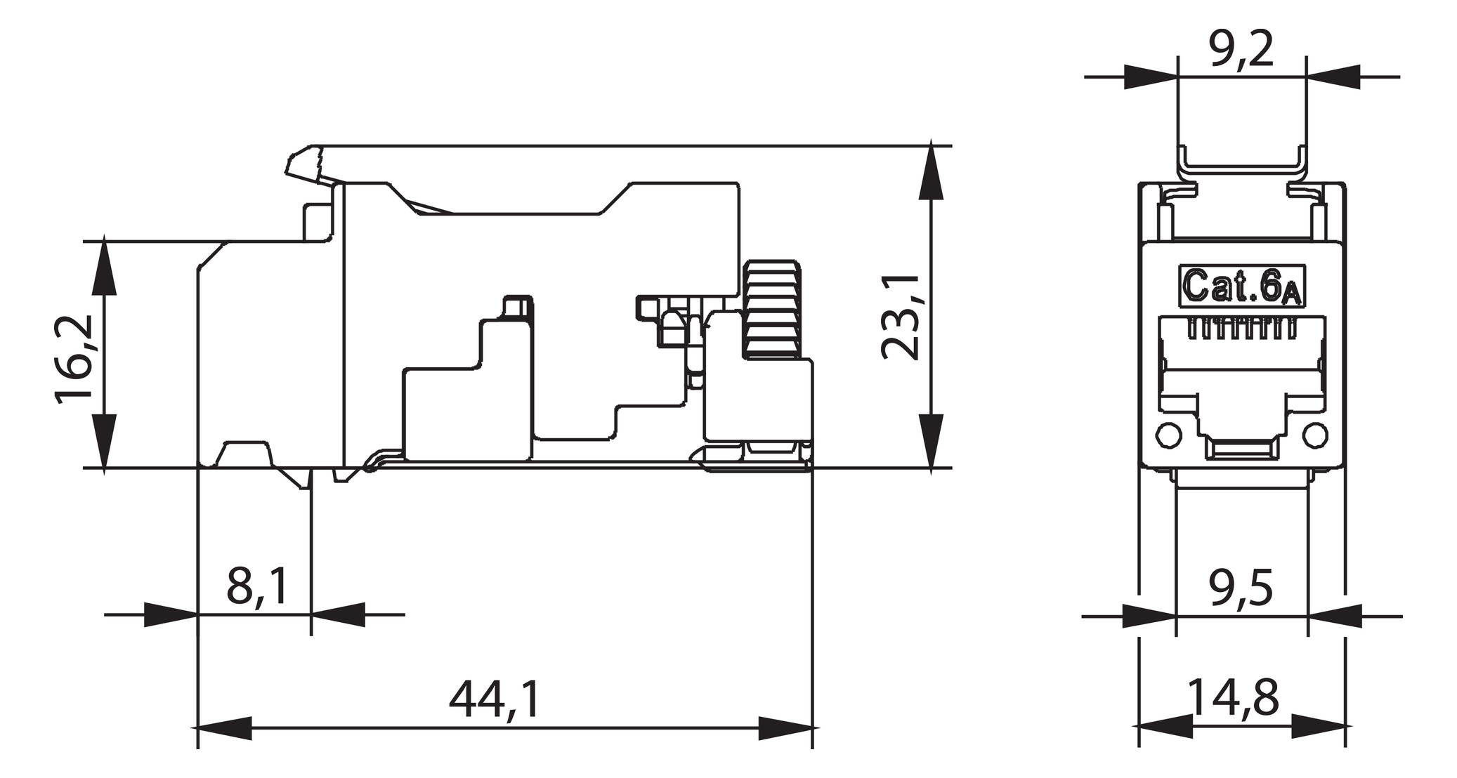 Modular-Buchse Cat6A RJ45 22-26AWG Litze Feldkonf Schirm massiv Schneidklemme IDC