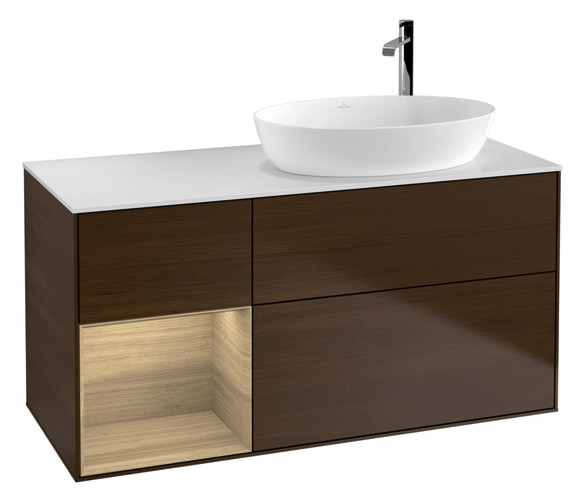 V&B Waschtisch-Unterschrank Wandbeleuchtung Finion 120cm, Abdeckplatte white matt, Regal Oak Veneer, Walnut veneer