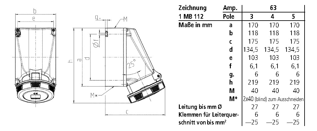 CEE-Steckdose 5p 63A 6h 400V/rt IP67 AP Schraubkl Kst