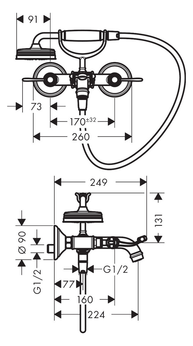 hansgrohe 2-Griff-Wannen-Armatur Axor Montreux AP, Ausladung 224mm, mit Hebelgriffen, brushed red gold hansgrohe 2-Griff-Wannen-Armatur Axor Montreux AP, Ausladung 224mm, mit Hebelgriffen, brushed red gold