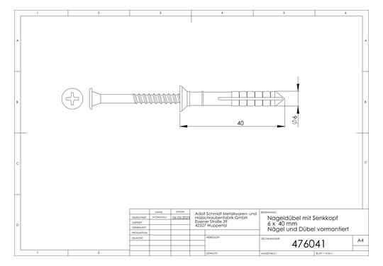 ASW Nageldübel 6,0 mm x 40 mm, verzinkt, mit Senkkopf
