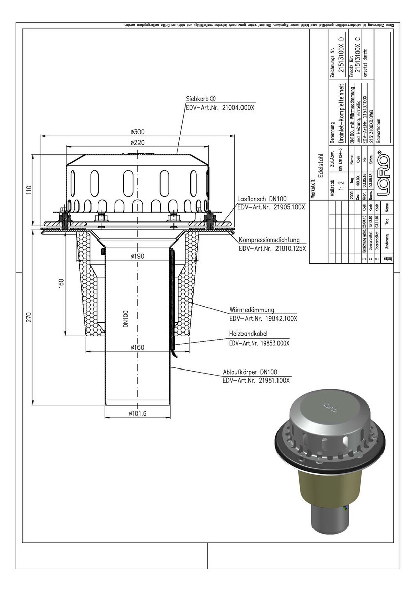LORO DRAINLET Komplett-Flachdachablauf Serie 84 DN 100, Wärmedämmung und Heizung, Klemmflansch, Auslauf senkrecht, einteilig, Hauptentwässerung