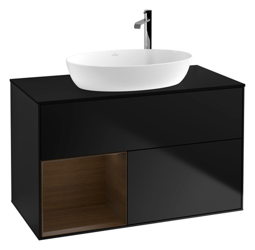V&B Waschtisch-Unterschrank Finion 100cm, Abdeckplatte black matt, Regal Walnut Veneer, Black matt lacquer