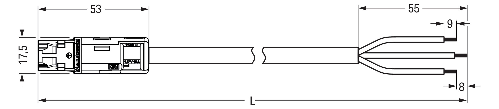 Systemverbindung 3p H05VV-F 1,5qmm ws L8000mm 3x1,5qmm Stecker fr.Ende 16A