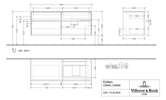 V&B Waschtischunterschrank Collaro 140x54,8x50cm, Waschtisch rechts, glossy grey