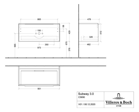 V&B Waschtisch-Unterschrank Subway 3.0 97,3x42,9x47,8cm, ohne LED/Griff Volcano black, taupe