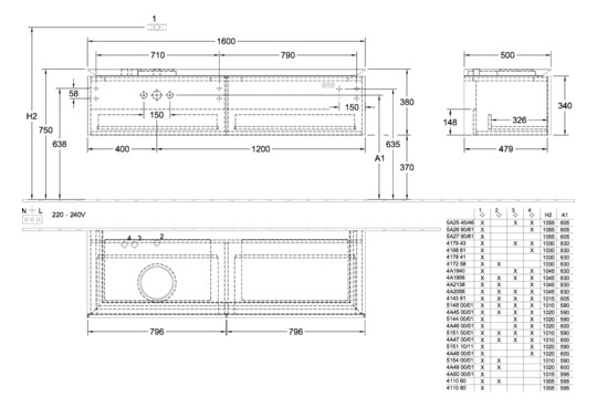 V&B Waschtischunterschrank Legato 160x38x50cm, Waschtisch links, mit LED-Beleuchtung, Stone Oak