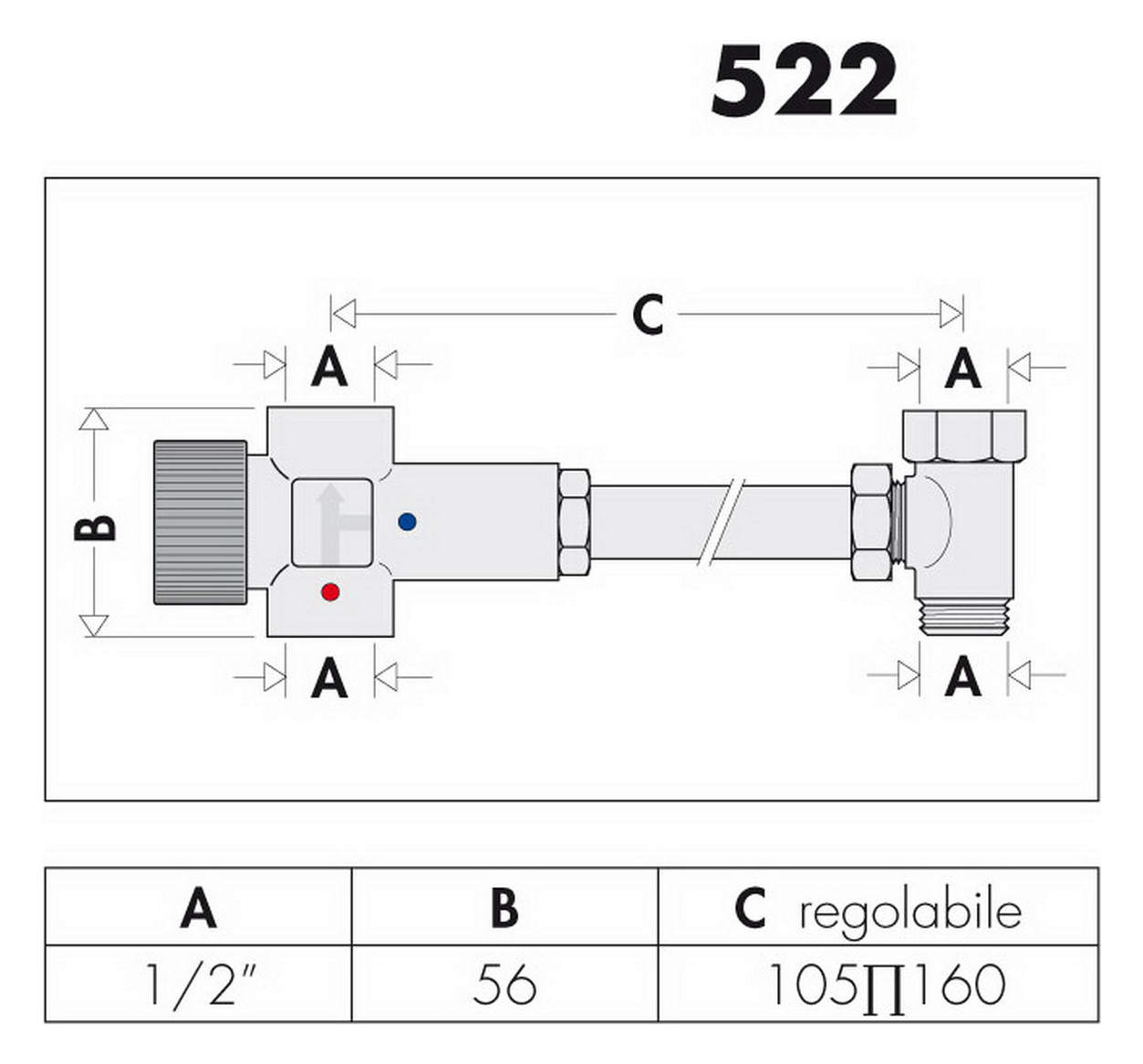 Caleffi Thermomischer 522 1/2", 30-48 °C, verchromt, einstellbar, für Warmwasserspeicher