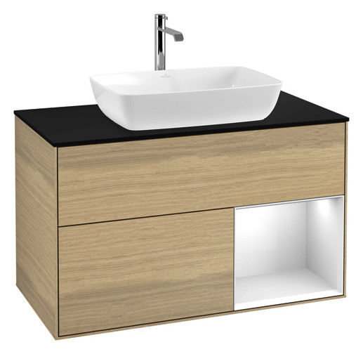 V&B Waschtisch-Unterschrank Wandbeleuchtung Finion 100cm, Abdeckplatte black matt, Regal Glossy white lacquer, Oak Veneer