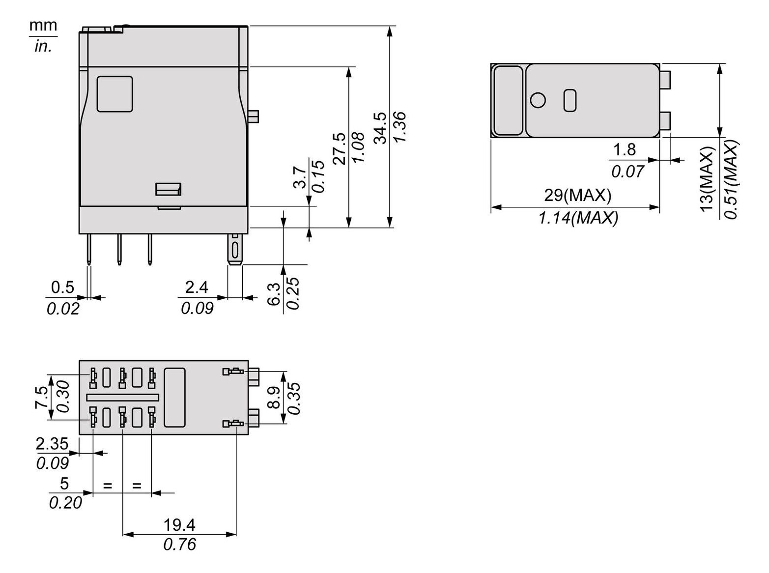 Schaltrelais 2W IP20 13x30x34,5mm Schraub