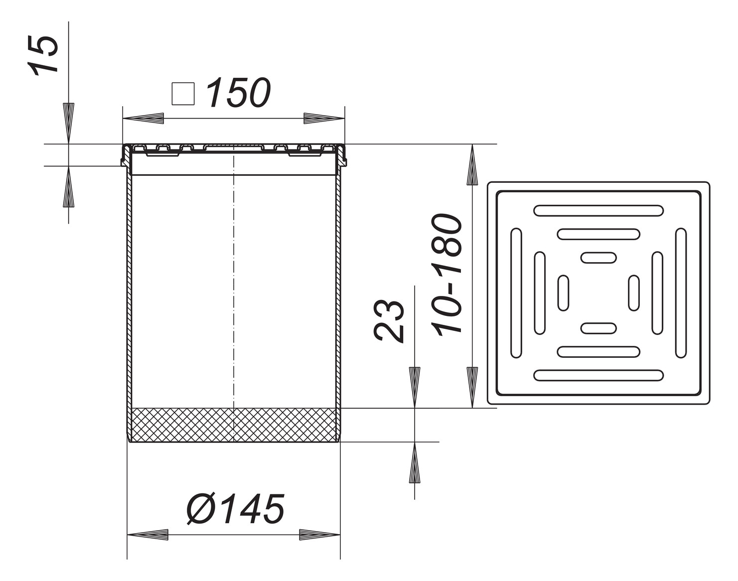 Dallmer Aufsatz SEC 15 Serie 15 SEC 15, Rost Edelstahl 1.4301, 150x150mm