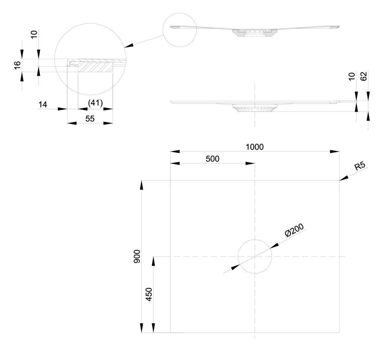 Bette Duschfliese Antirutsch Pro BetteAir 1000 x 900 mm, snow, Rechteck, glasierter Titan-Stahl, mit Minimum-Täger