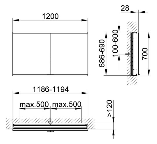 KEUCO Spiegelschrank Royal Modular 2.0 1200 x 700 x 120 mm, ohne Steckdose, Wandeinbau, 2 Türen