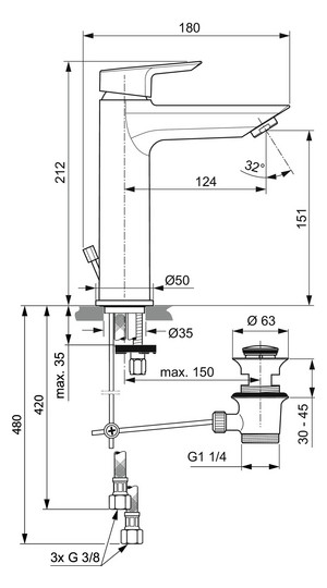 Ideal-Standard Waschtisch-Einhebelmischer Tesi Grande Ausladung 123mm, verchromt, Niederdruck, mit Metall-Ablaufgarnitur