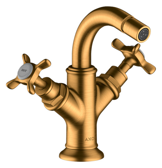 hansgrohe 2-Griff-Bidet-Armatur Axor Montreux Ausladung 104mm, mit Kreuzgriffe, Zugstangen-Ablaufgarnitur, brushed gold optic