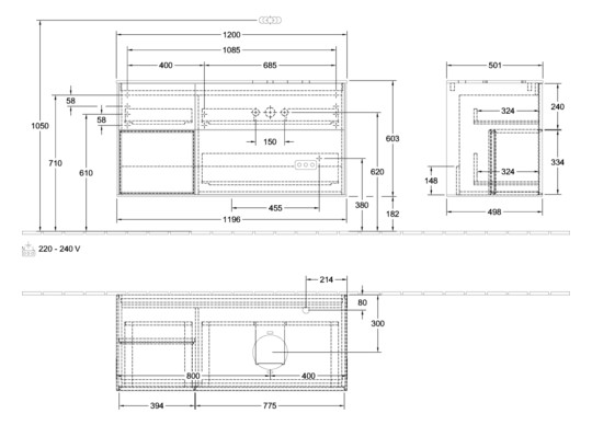 V&B Waschtisch-Unterschrank Wandbeleuchtung Finion 120cm, Abdeckplatte white matt, Regal Walnut Veneer, Walnut veneer