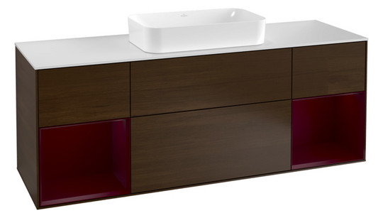 V&B Waschtisch-Unterschrank Wandbeleuchtung Finion 160cm, Abdeckplatte white matt, Regal Peony matt lacquer, Walnut veneer