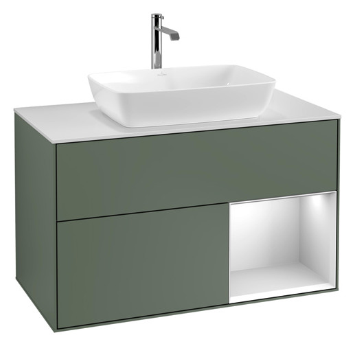 V&B Waschtisch-Unterschrank Wandbeleuchtung Finion 100cm, Abdeckplatte white matt, Regal White matt lacquer, Olive Matt Lacquer