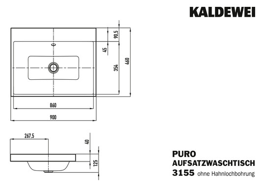 Kaldewei Aufsatz-Waschtisch PURO 3155, 90 x 46 cm, cool grey 30 Perl-Effekt, mit Überlauf, ohne Hahnloch