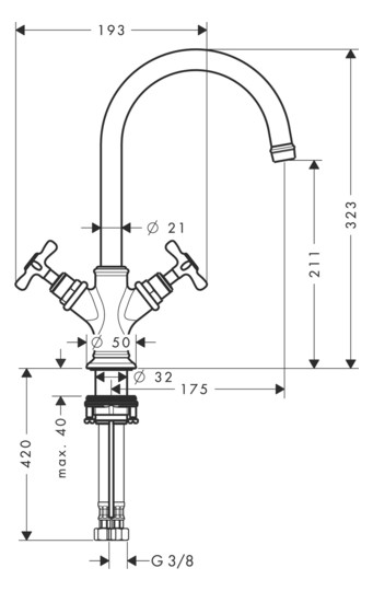 hansgrohe 2-Griff-Waschtischarmatur 210 Axor Montreux Ausladung 175mm, mit Kreuzgriffen, mit Zugstangen-Ablaufgarnitur, brushed nickel