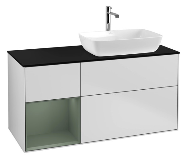 V&B Waschtisch-Unterschrank Finion 120cm, Abdeckplatte black matt, Regal Olive matt lacquer, White matt lacquer