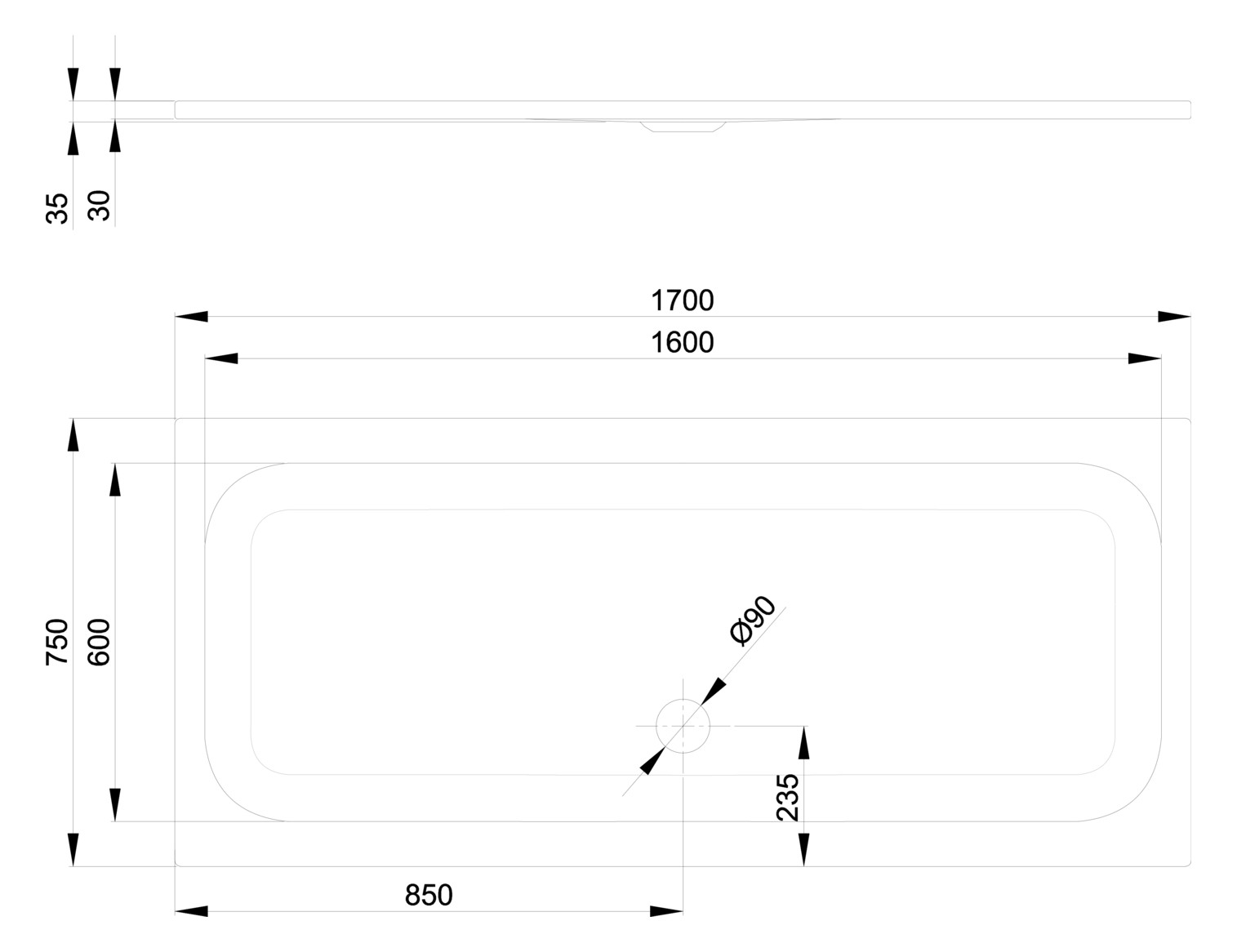 Duschwanne BetteUltra 5996 170x75x3,5cm, silver