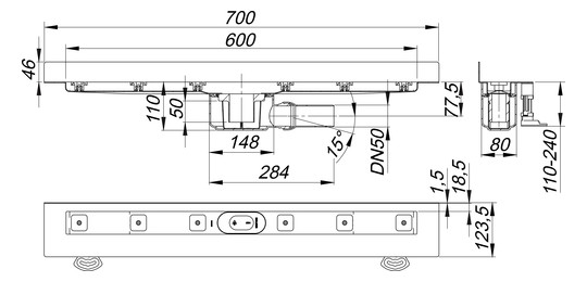 Dallmer Duschrinne CeraLine W W 600, L1 600/L2 700 mm, DN 50
