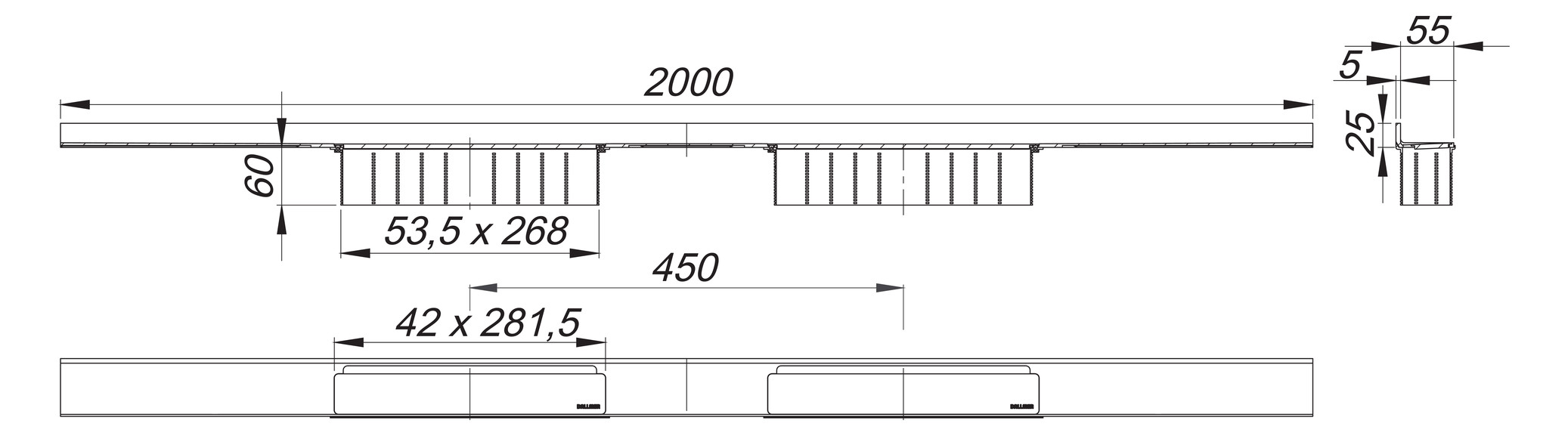Dallmer Duschrinne CeraWall Select Duo Edelstahl matt, 2000 mm