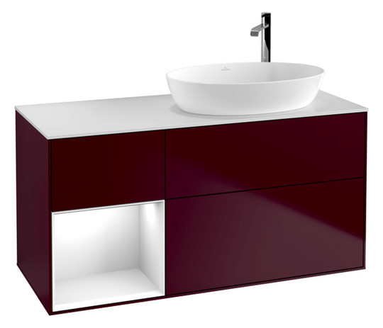 V&B Waschtisch-Unterschrank Wandbeleuchtung Finion 120cm, Abdeckplatte white matt, Regal Glossy white lacquer, Peony Matt