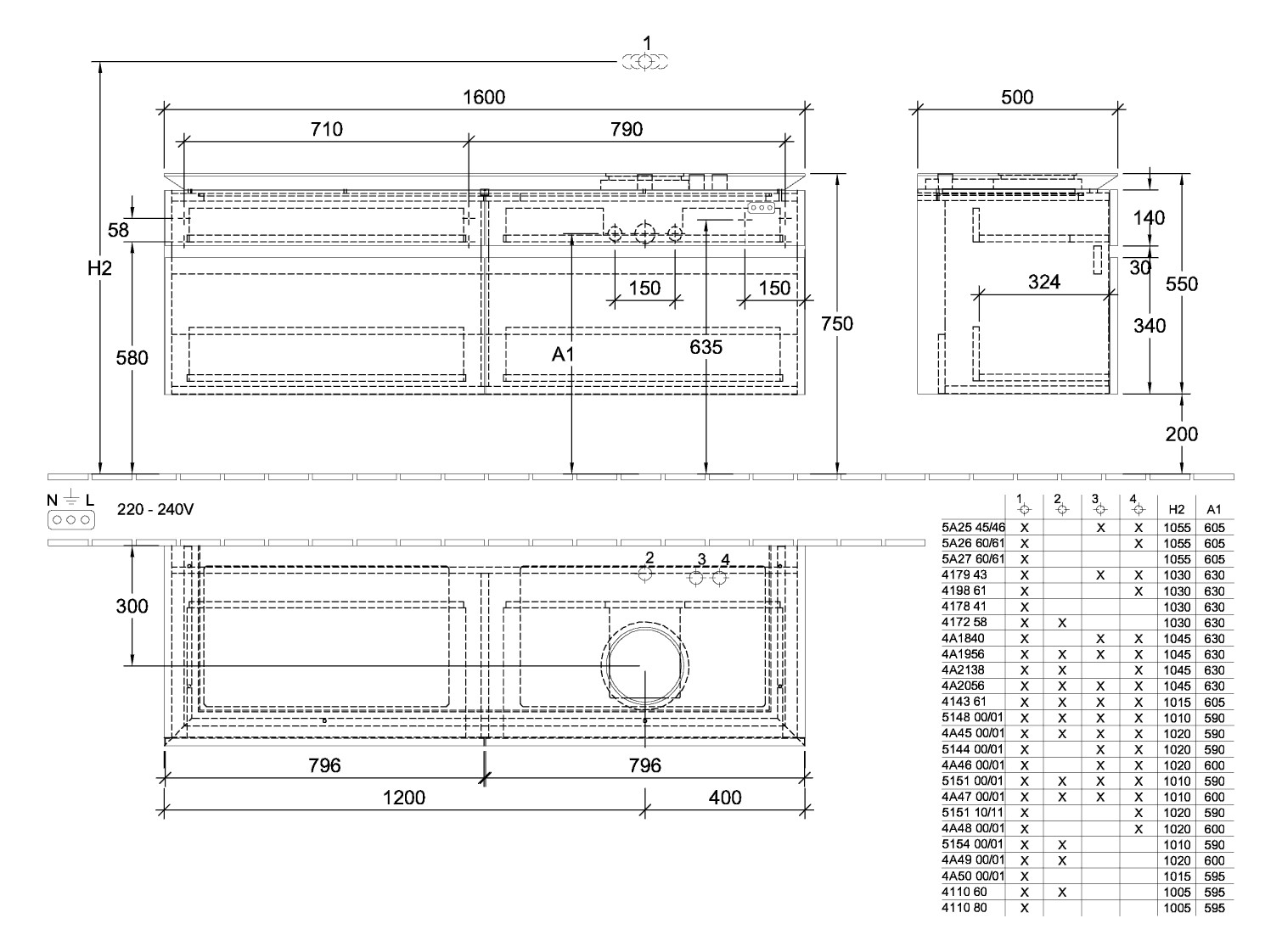 V&B Waschtischunterschrank Legato 160x50x50cm, Waschtisch rechts, Kansas Oak