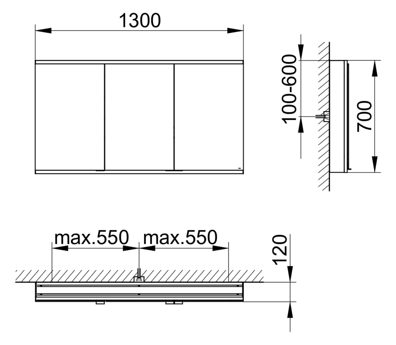 KEUCO Spiegelschrank Royal Modular 2.0 1300 x 700 x 120 mm, 1 Steckdose, 1 Doppel-USB-Ladestelle, Wandvorbau, 3 Türen, beleuchtet