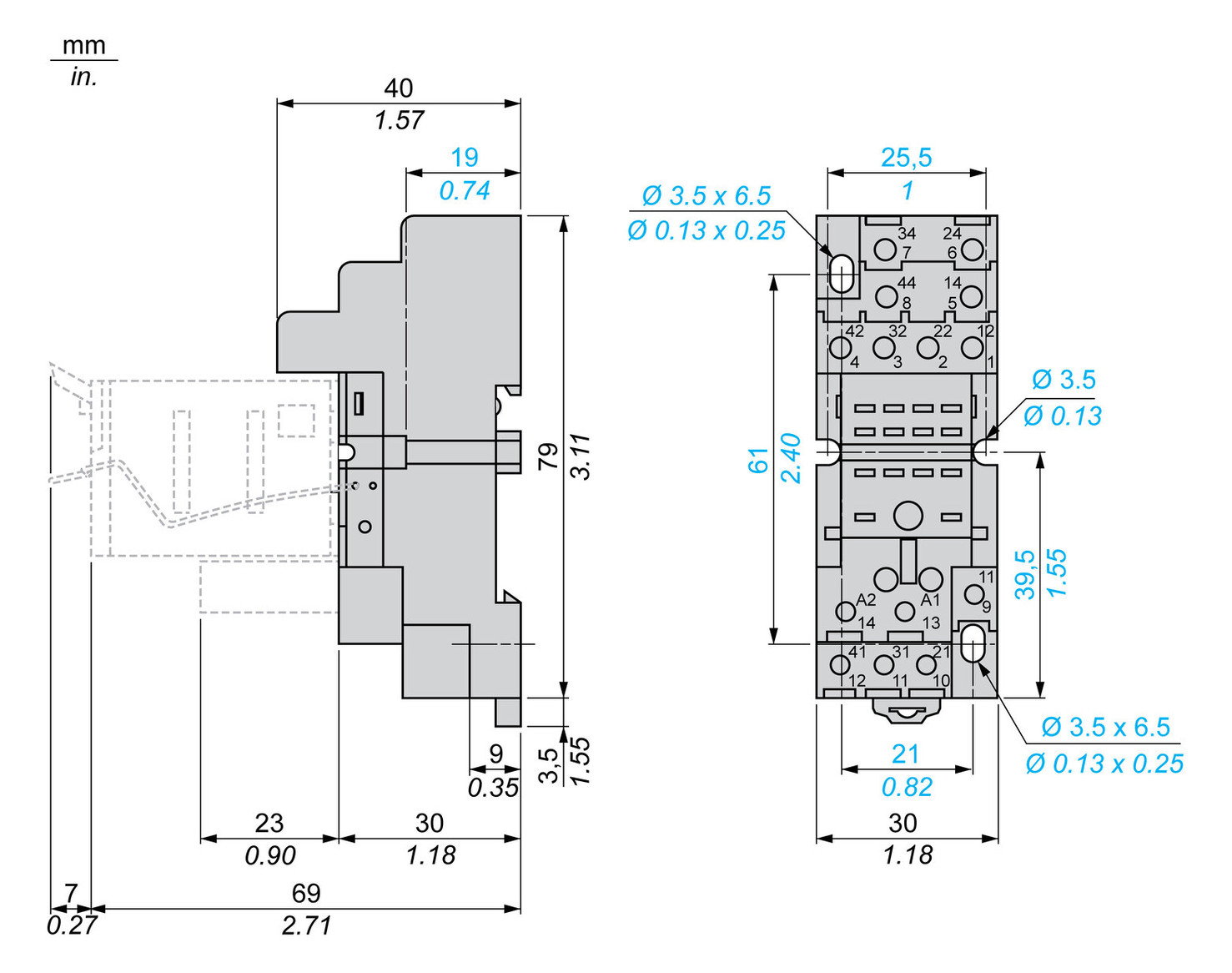Relaissockel Schraub TS35 14Pins 30x82,5x76mm Hutschiene TH35