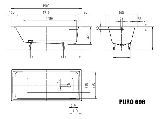 Kaldewei Badewanne PURO 696 190x90cm, Antislip Perl-Effekt, weiß