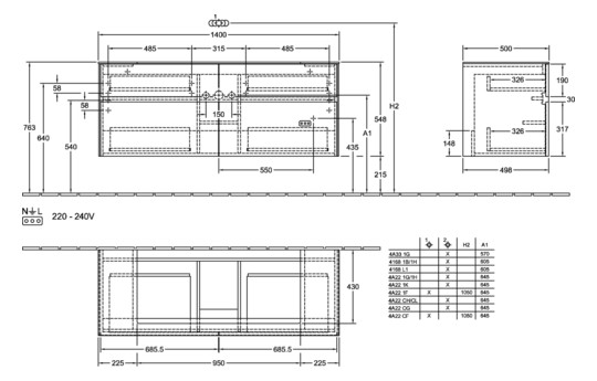 V&B Waschtischunterschrank Collaro 140x54,8x50cm, Waschtisch mittig, black matt laquer