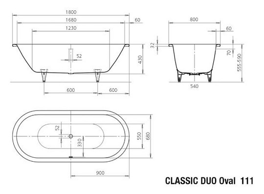 Kaldewei Badewanne CLASSIC DUO oval 111 180x80cm, Griffloch, alpinweiß matt