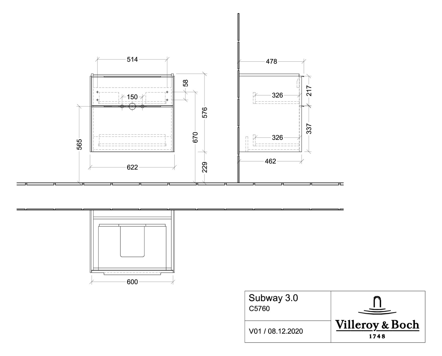 V&B Waschtisch-Unterschrank Subway 3.0 62,2x57,6x47,8cm, ohne LED/Griff monochrom, cashmere grey