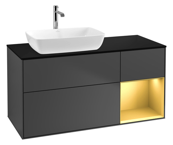 V&B Waschtisch-Unterschrank Finion 120cm, Abdeckplatte black matt, Regal Gold matt lacquer, Anthracite matt V&B Waschtisch-Unterschrank Finion 120cm, Abdeckplatte black matt, Regal Gold matt lacquer, Anthracite matt