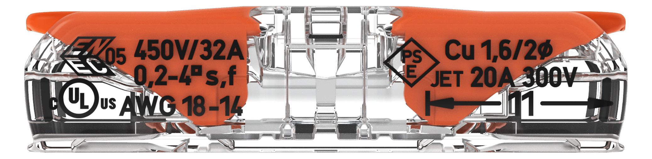 Steckklemme 2f 450V 32A Serie 221 0,2-4qmm m.BetätiHebel f.Massivleiter
