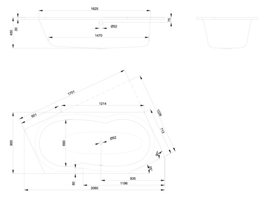6-Eck-Badewanne BetteMetric 6840 206x90x45cm, Fußende rechts, Überlauf vorne, manhattan