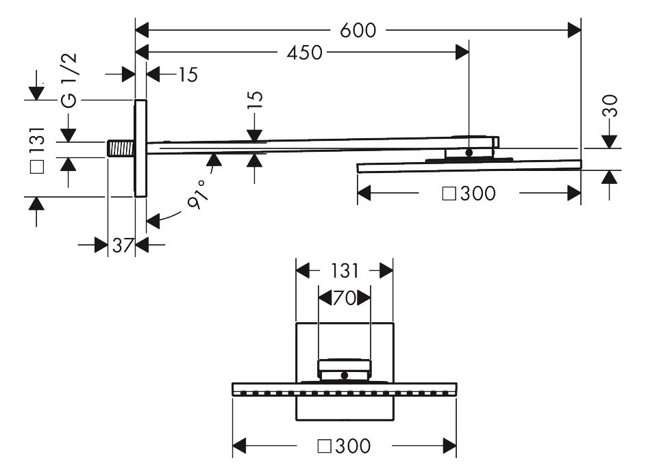 hansgrohe Kopfbrause Axor mit Brausearm, 300x300mm, 1jet, brushed gold optic