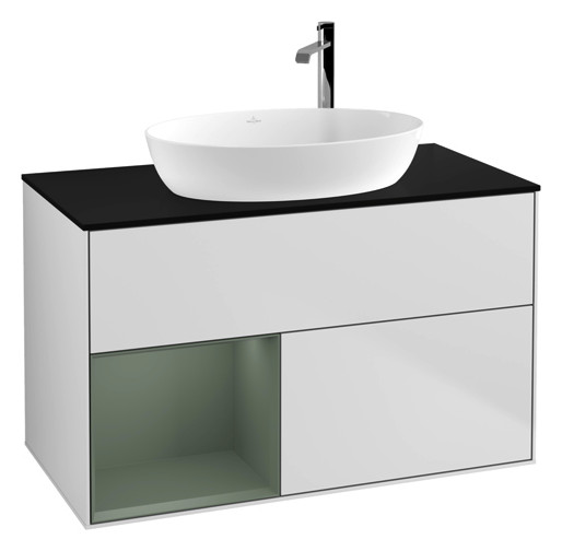 V&B Waschtisch-Unterschrank Finion 100cm, Abdeckplatte black matt, Regal Olive matt lacquer, White matt lacquer