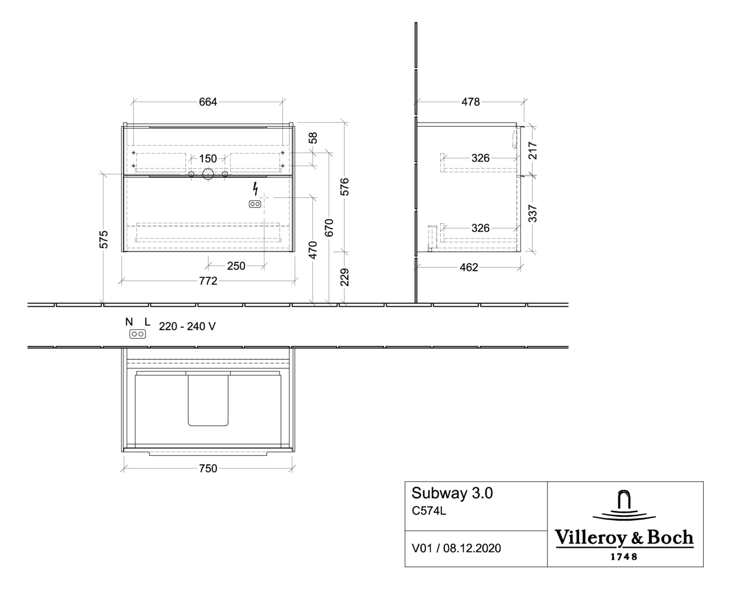 V&B Waschtisch-Unterschrank Subway 3.0 77,2x57,6x47,8cm, mit LED/Griff Aluminium glänzend, volcano black