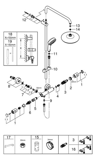 GROHE Duschsystem Tempesta Cosmopolitan 210 chrom, mit Aufputz-Thermostat, schwenkbarer Duscharm 39cm