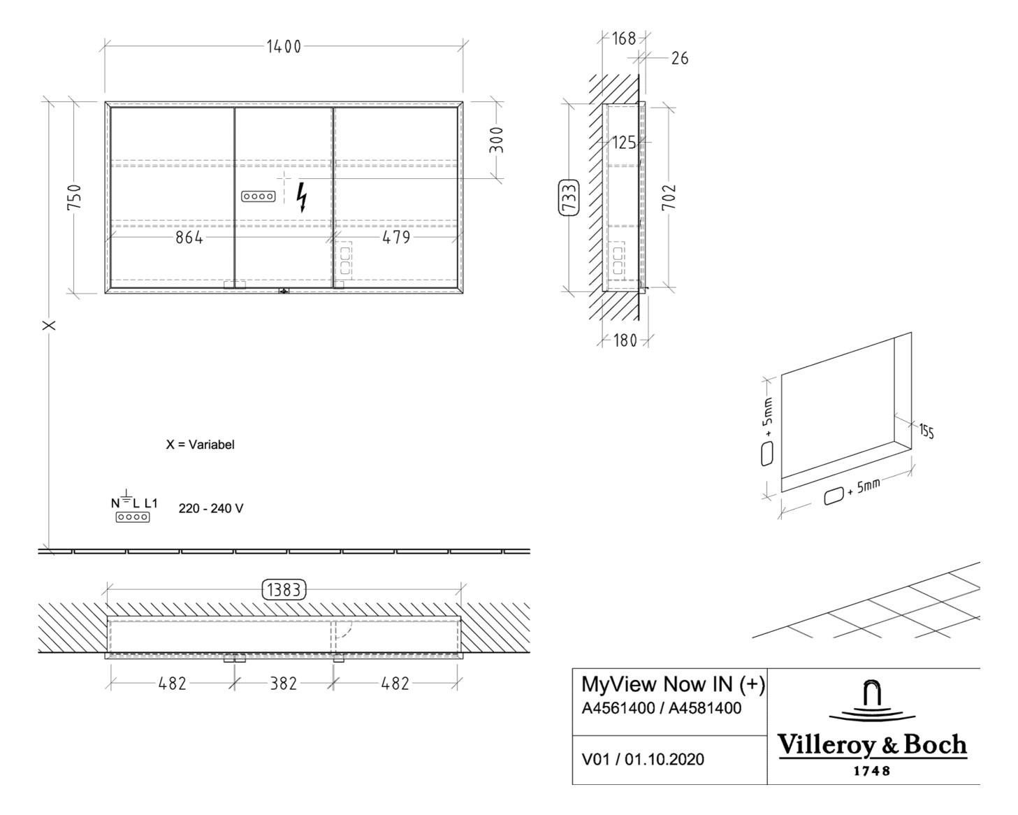 V&B Einbau-Spiegelschrank MY VIEW NOW 140 x 75 x 16,8 cm, LED-Beleuchtung, 3 Türen, mit Sensorschalter