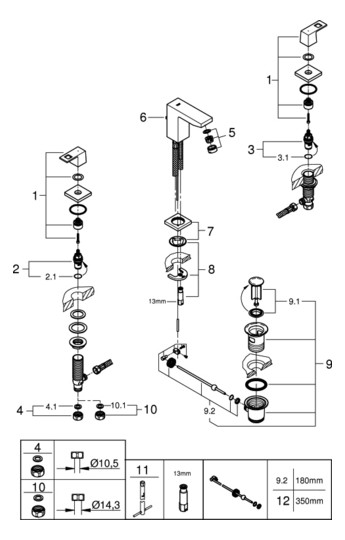 GROHE Waschtisch-3-Loch-Armatur Eurocube 1/2", mit Ablaufgarnitur, hard graphite gebürstet