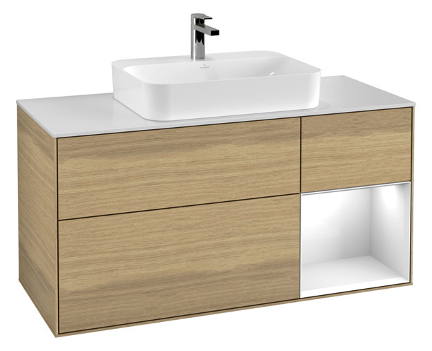 V&B Waschtisch-Unterschrank Finion 120cm, Abdeckplatte white matt, Regal rechts Glossy white lacquer, Oak Veneer