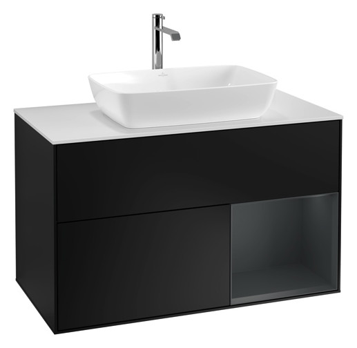 V&B Waschtisch-Unterschrank Wandbeleuchtung Finion 100cm, Abdeckplatte white matt, Regal Midnight matt lacquer, Black matt lacquer
