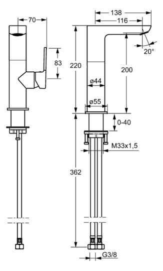 HANSA Waschtisch-Einhebelmischer HANSALIGNA Hebel seitlich, ohne Ablaufgarnitur, Ausladung 116mm, chrom