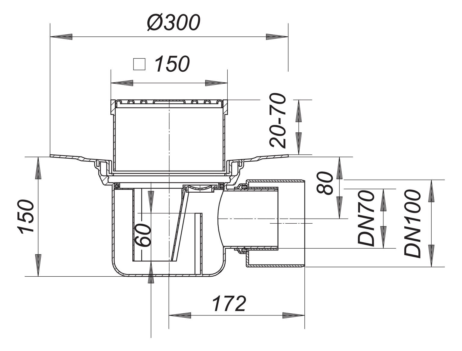 Dallmer Bodenablauf 57 KE Serie 15 DN 70/100, 150x150mm